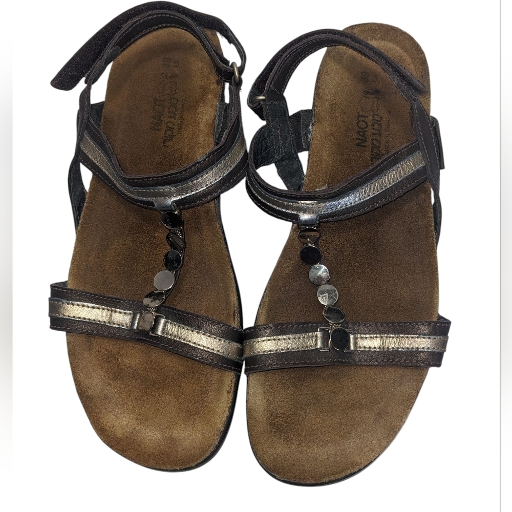 Naot Metallic and Brown Sandals With Metal Dots On Top Of Sandal Size 8.5 Flaw